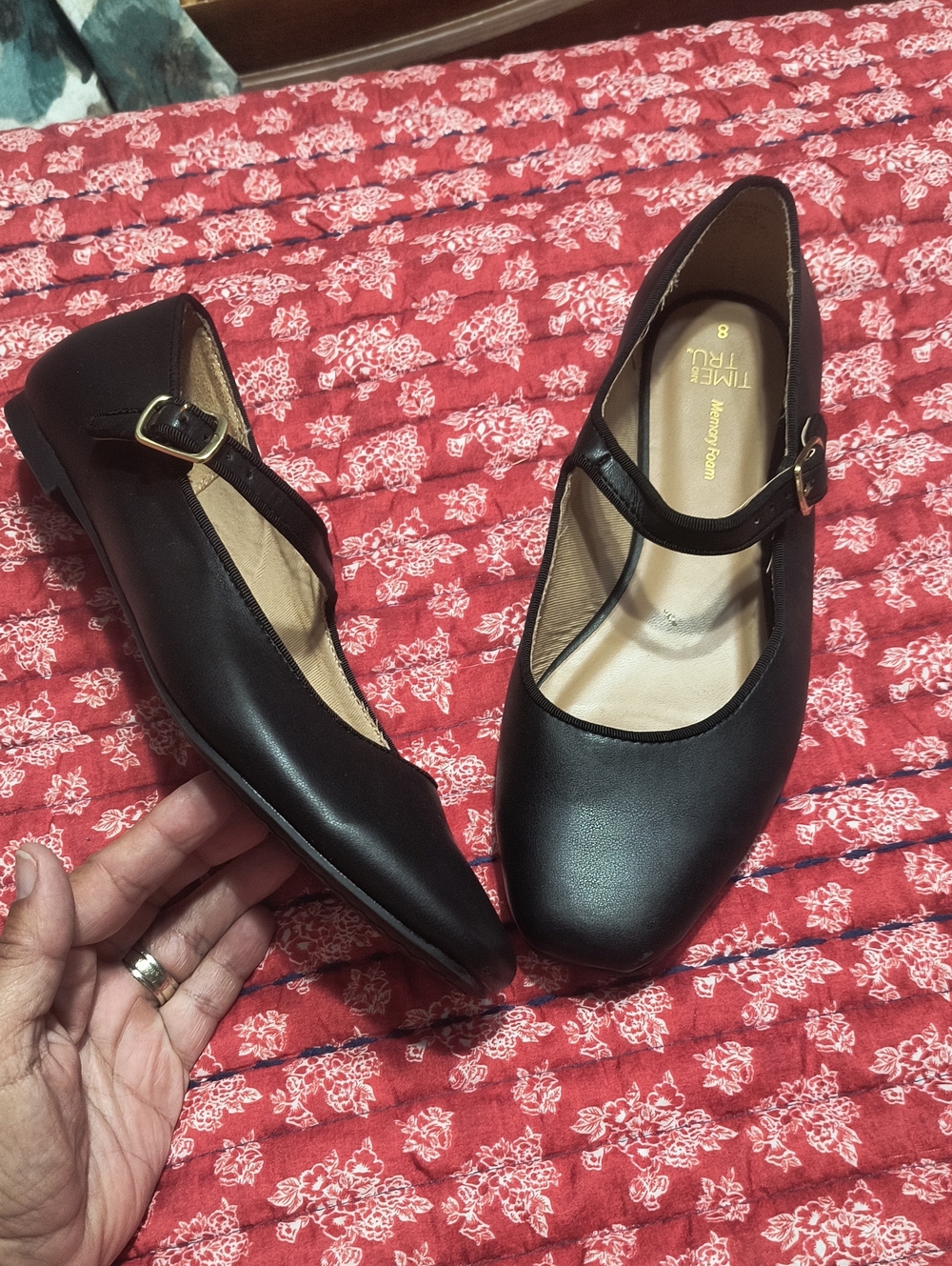 Time and Tru Like New Black Mary Jane Flats with Gold Buckle